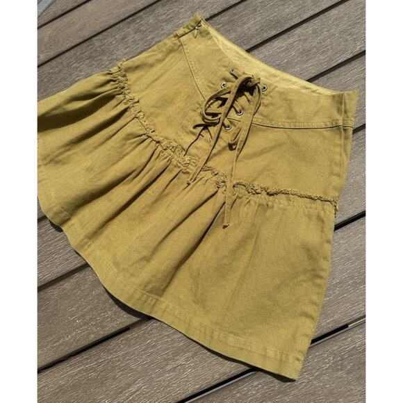 Free People Positano Mini Skirt in Olive Green Ruffle Tie Corset Boho Peasant XS - Picture 4 of 8